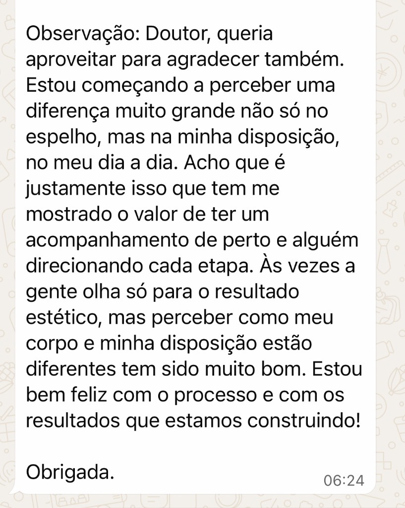 Feedback detalhado de paciente sobre disposição e resultados