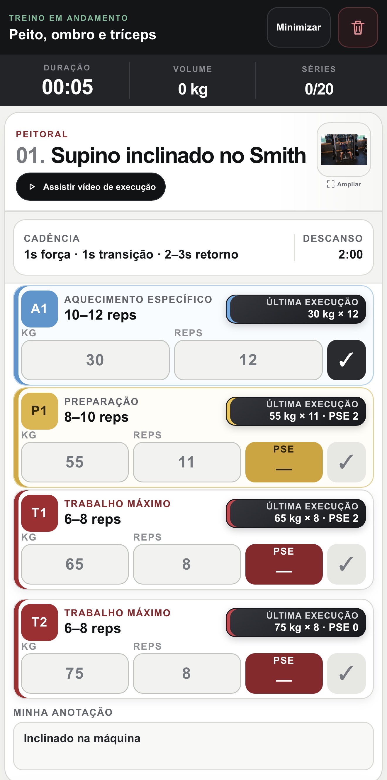 Exemplo do aplicativo de treino personalizado